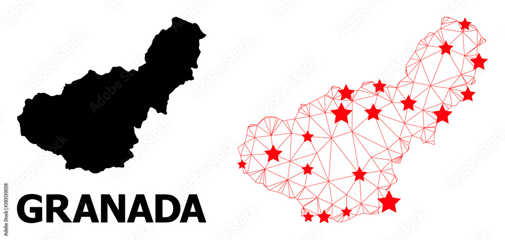 Mesh polygonal and solid map of Granada Province. Vector model is created from map of Granada Province with red stars. Abstract lines and stars form map of Granada Province.