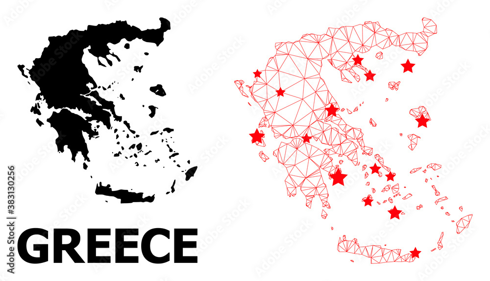 Fototapeta premium Network polygonal and solid map of Greece. Vector model is created from map of Greece with red stars. Abstract lines and stars form map of Greece.