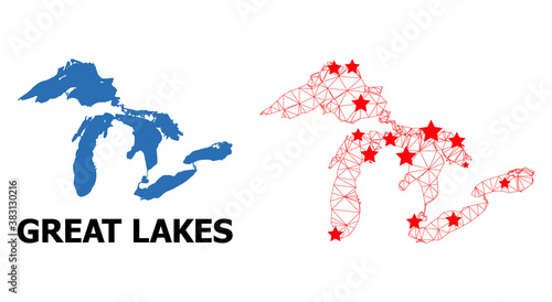 Wire frame polygonal and solid map of Great Lakes. Vector structure is created from map of Great Lakes with red stars. Abstract lines and stars form map of Great Lakes.