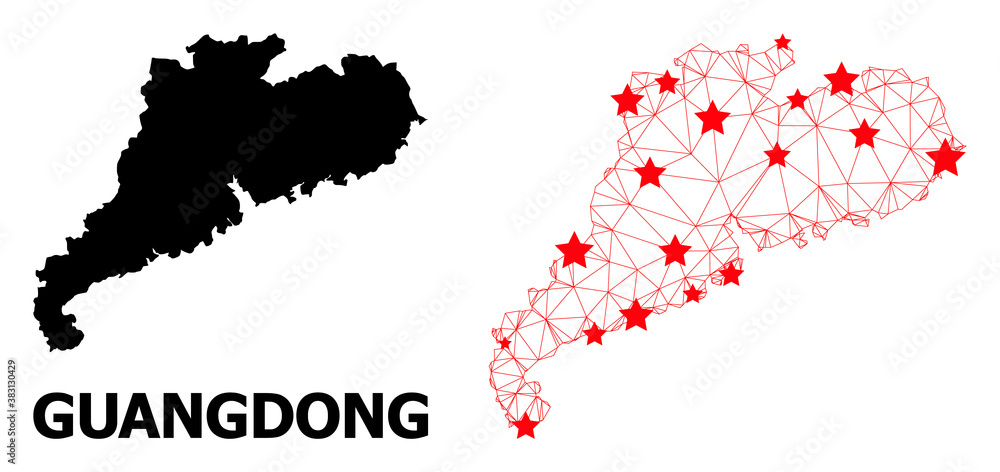 Obraz premium Wire frame polygonal and solid map of Guangdong Province. Vector structure is created from map of Guangdong Province with red stars. Abstract lines and stars form map of Guangdong Province.