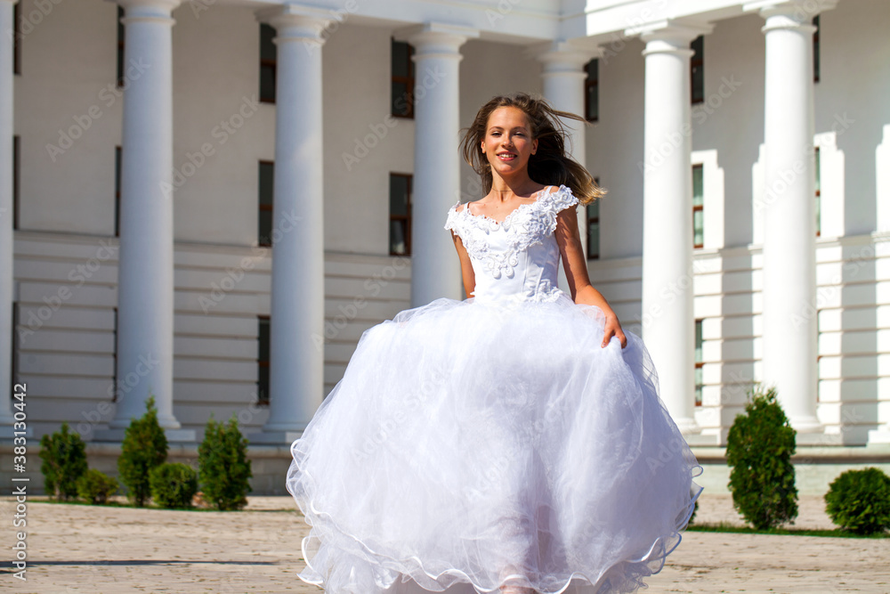 Fototapeta premium Young beautiful girl in ballroom prom dress