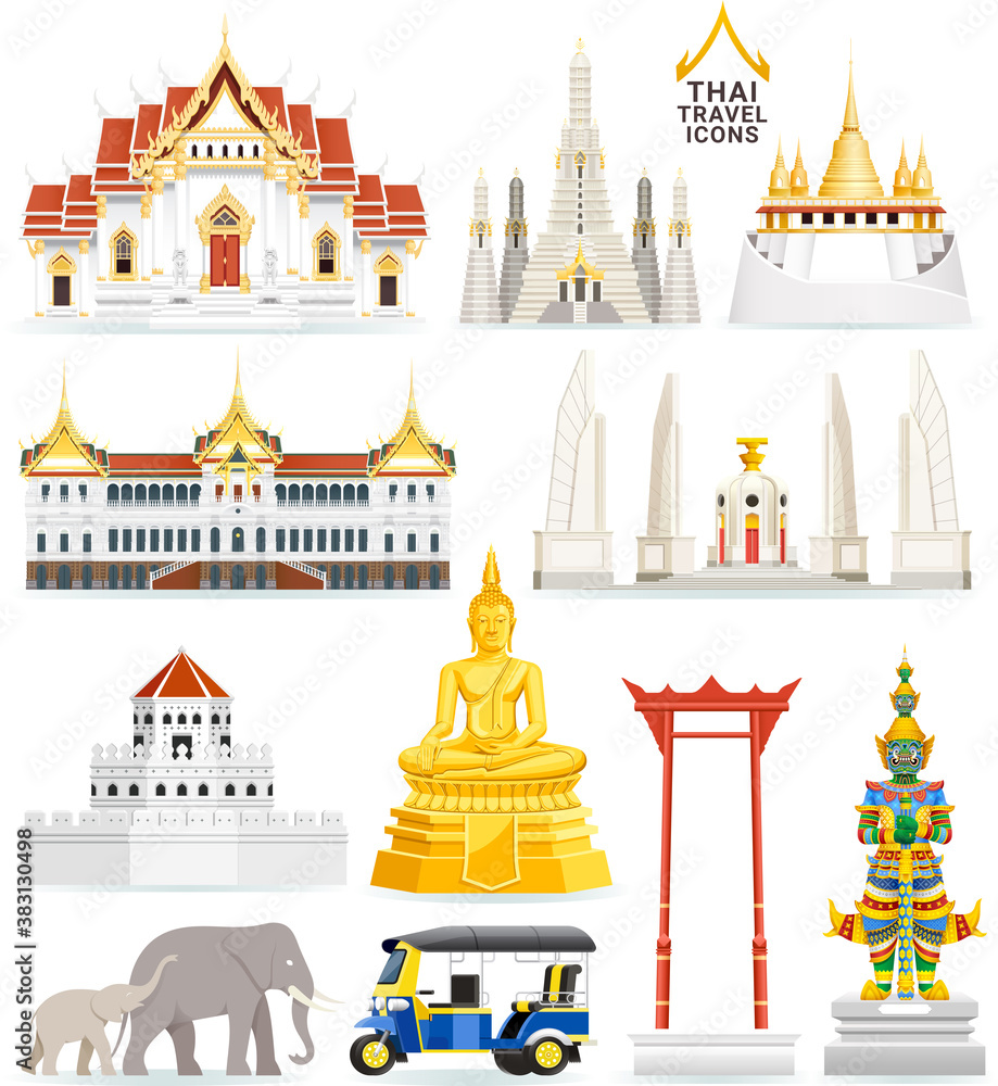 Naklejka premium Thai famous landmark icons. Vector illustrations.