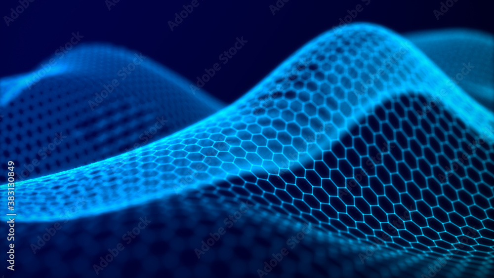 Abstract hexagon wave with moving dots. Flow of particles. Cyber technology illustration. 3d rendering Abstract hexagon wave with moving dots. Flow of particles. Cyber technology illustration. 3d rendering