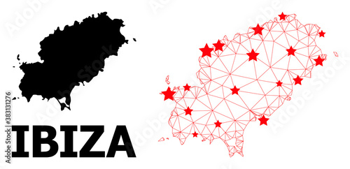 2D polygonal and solid map of Ibiza Island. Vector model is created from map of Ibiza Island with red stars. Abstract lines and stars form map of Ibiza Island. photo
