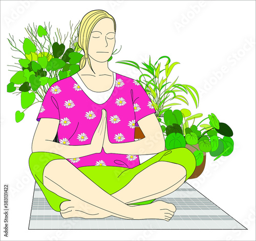 Meditation on a rug among flowers in pots. Vector image