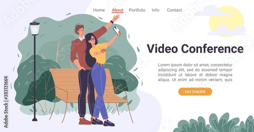 Mobile application for video conference meeting conduction. Man woman couple having online call via smartphone. Internet chat technology for wireless communication. Landing page design template
