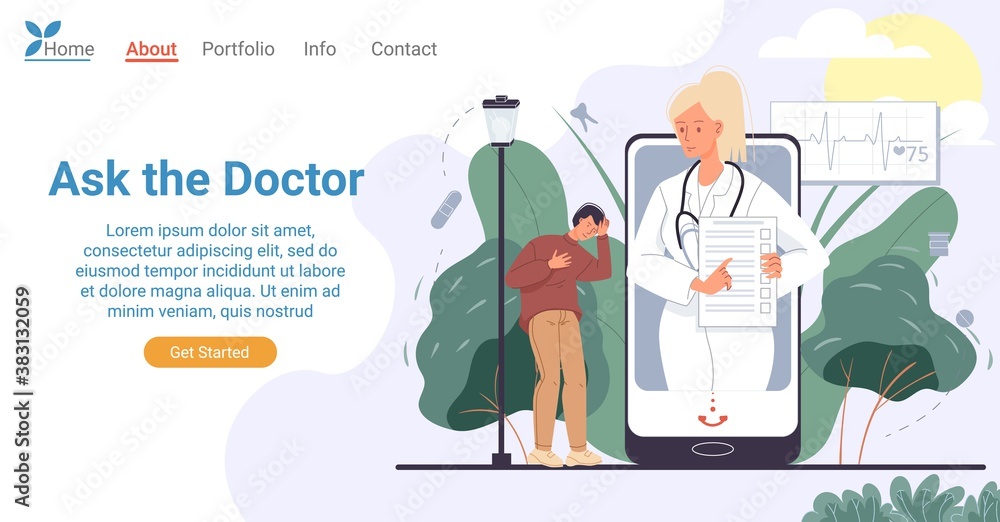 Online doctor consultation via mobile phone landing page. Mobile medical service concept. Sick man patient suffering from terrible headache meeting specialist online, receiving consultation