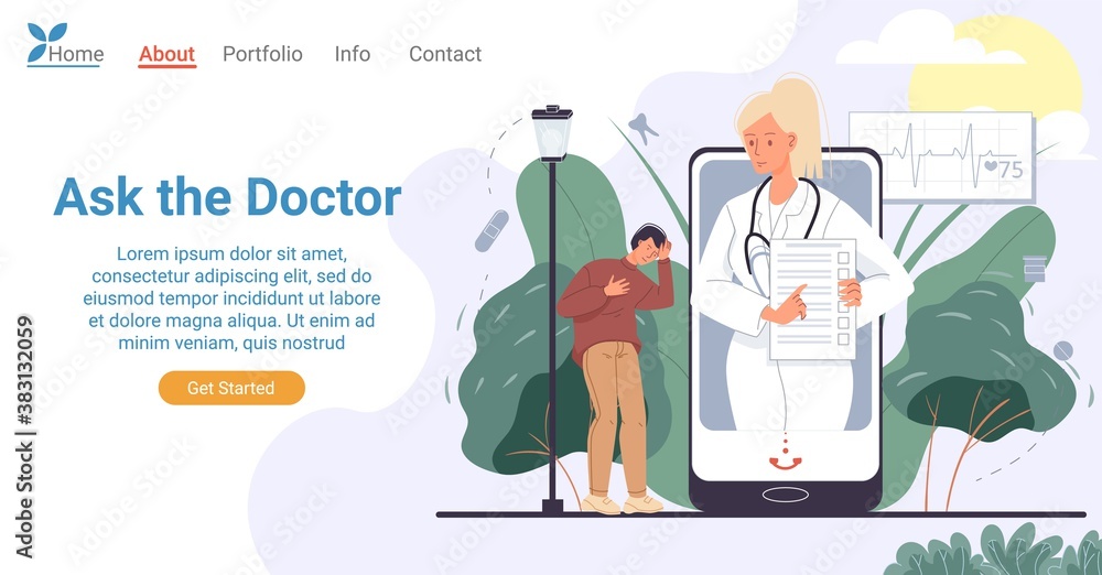 Online doctor consultation via mobile phone landing page. Mobile medical service concept. Sick man patient suffering from terrible headache meeting specialist online, receiving consultation Online doctor consultation via mobile phone landing page. Mobile medical service concept. Sick man patient suffering from terrible headache meeting specialist online, receiving consultation