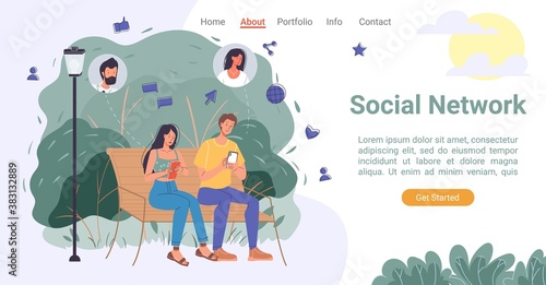 People social media network communication landing page. Man woman networking chatting, commenting, giving likes, sharing photo, searching friend round world via phone app. City park landscape