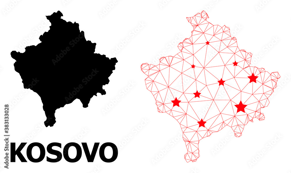 Wire frame polygonal and solid map of Kosovo. Vector model is created from map of Kosovo with red stars. Abstract lines and stars form map of Kosovo. Wire frame polygonal and solid map of Kosovo. Vector model is created from map of Kosovo with red stars. Abstract lines and stars form map of Kosovo.