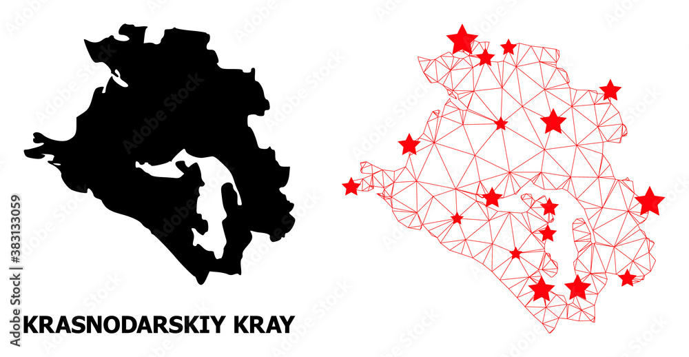 Obraz premium Network polygonal and solid map of Krasnodarskiy Kray. Vector model is created from map of Krasnodarskiy Kray with red stars. Abstract lines and stars are combined into map of Krasnodarskiy Kray.