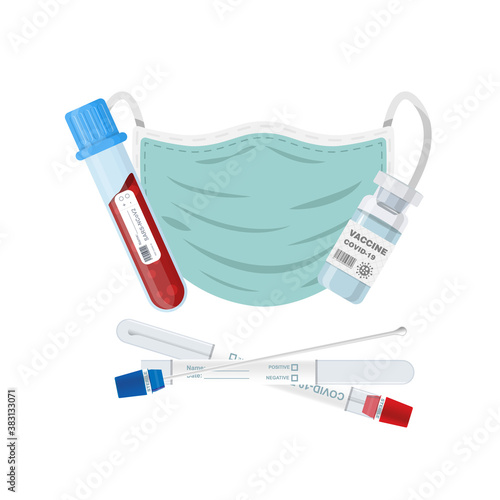 Surgical mask and supplies for test tubes and vaccine covid vector concept