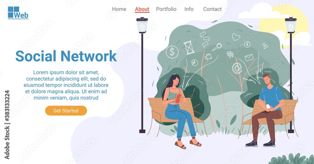 Social network in human life landing page design. Young man woman sitting on bench in park using smartphone for networking, earning money, training, mailing, chatting friend. Online communication
