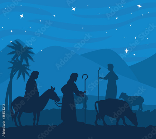 merry christmas nativity mary on donkey joseph and cow design, winter season and decoration theme Vector illustration