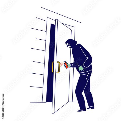 Special Agent in Dark Costume with Hood, Sunglasses and Gloves Spraying Poison on Door Handle. Assassination Attempt