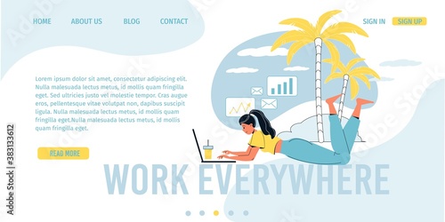 Freelance office everywhere, remote working concept. Woman business analytic collecting financial statistics on laptop while rest on tropical beach resort. Work anywhere landing page design