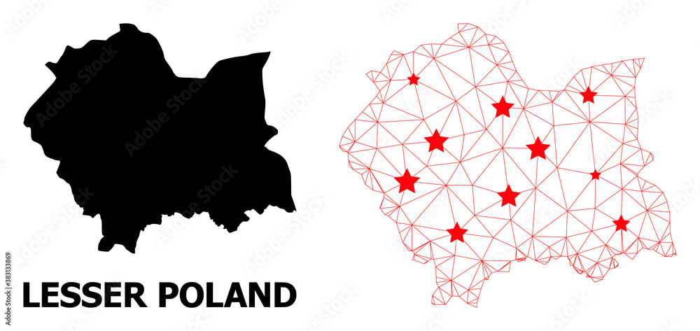 Network polygonal and solid map of Lesser Poland Province. Vector structure is created from map of Lesser Poland Province with red stars. Abstract lines and stars form map of Lesser Poland Province.
