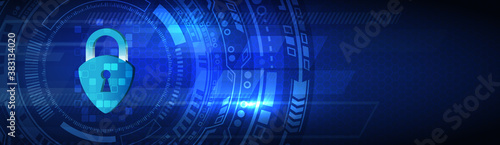 Protection from virus attack. Global antivirus secure system. Abstract blue background with various technology elements. Futuristic padlock vector illustration. Cyber attack protection concept.