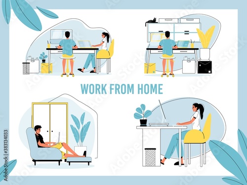 Work from home set. Man, woman freelancer, self-employed person working online from laptop, computer at domestic office. Remote job opportunity, distance work occupation. Stay at indoor and be safe