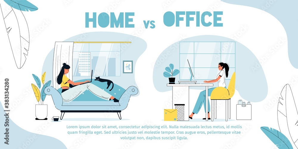Home vs office. Employee against freelancer. Freelance woman working online in living room sitting on soft couch. Female worker sitting in office at computer. Advantage disadvantage comparison poster