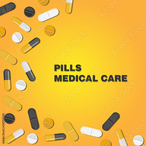 Background with pills and drugs medical concept yellow 