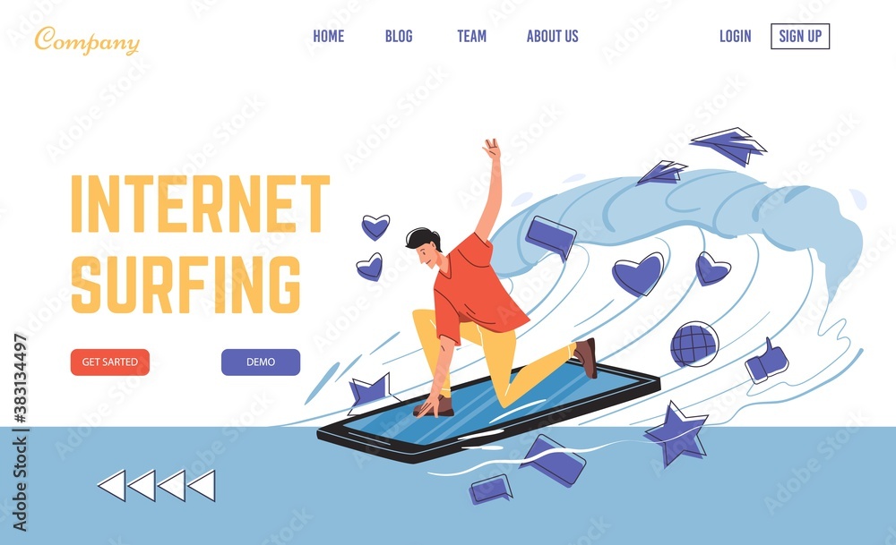 Obraz premium High speed internet surfing via mobile phone. Man character catching digital information wave on smartphone as surfboard. Fast online connection and provider service. Landing page design