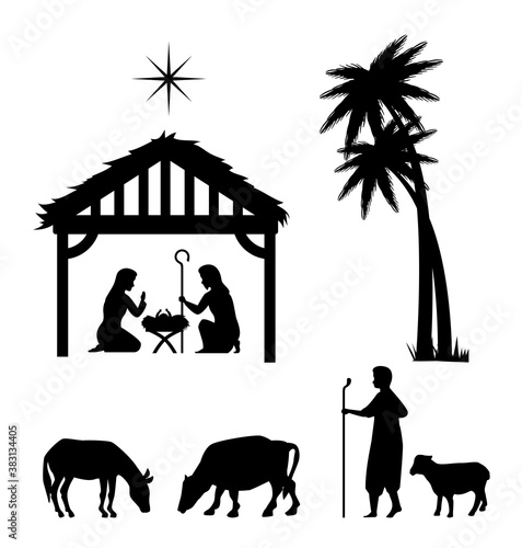 merry christmas and nativity set icons silhouettes design, winter season and decoration theme Vector illustration