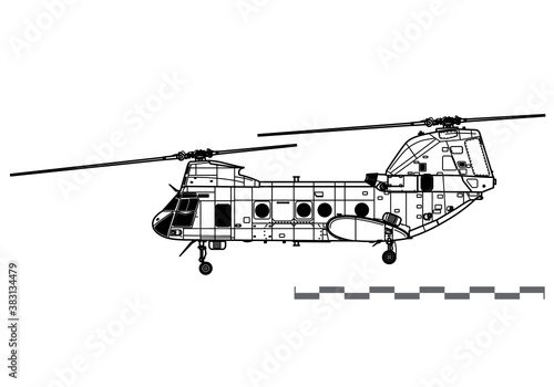 Boeing Vertol CH-46 Sea Knight. Vector drawing of navy transport helicopter. Side view. Image for illustration and infographics.