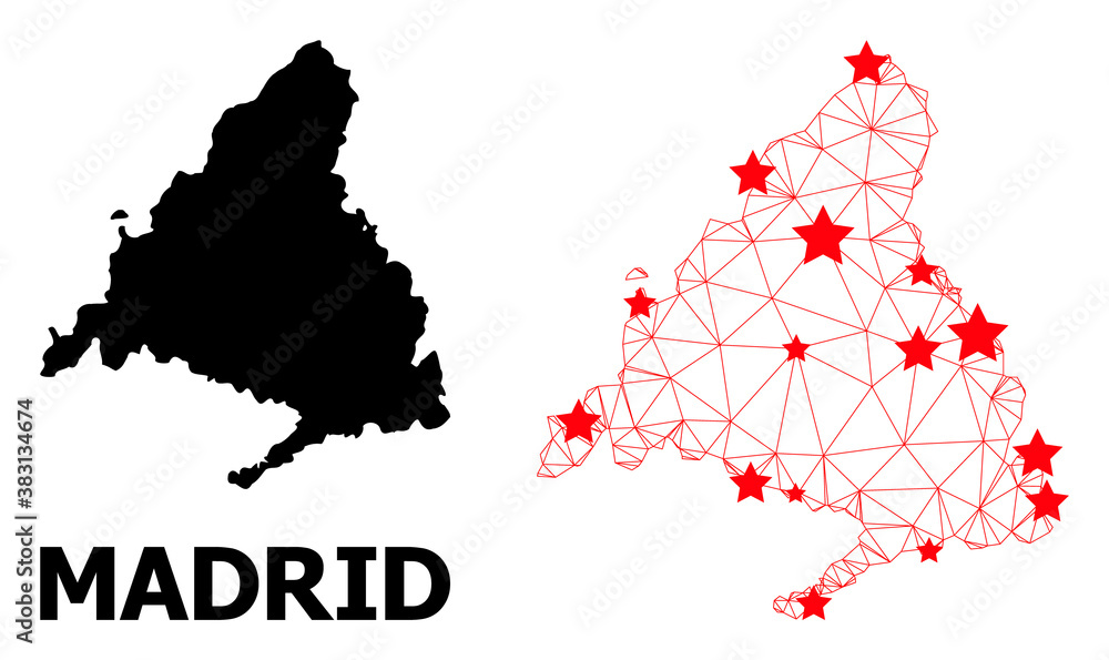 Wire frame polygonal and solid map of Madrid Province. Vector structure is created from map of Madrid Province with red stars. Abstract lines and stars form map of Madrid Province.