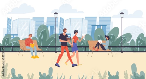 Young people reader in park outdoor. Man woman book lovers literature fans sitting on bench, walking read paper textbook, novel story. Self-education, leisure, hobby interest. Weekend without gadget