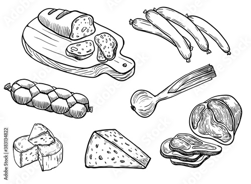 ingredients for preparing various dishes and table setting. natural products. set of sketches on a white background
