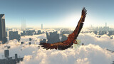 Eagle flies above megapolis. 3D rendering