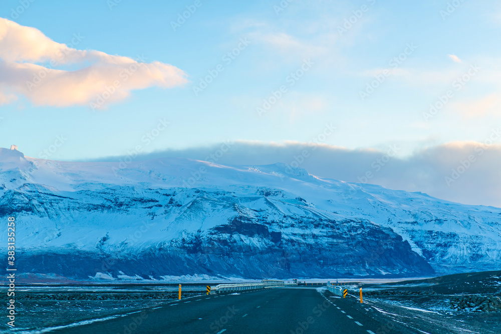 breathtaking winter landscape of Iceland. View from the road. Unusual beauty of nature
