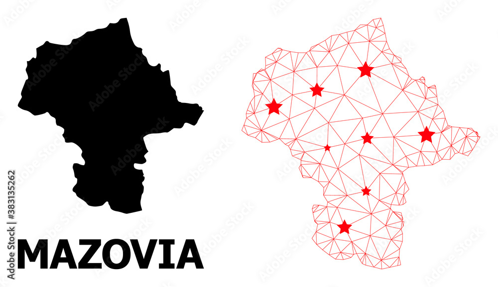 Network polygonal and solid map of Mazovia Province. Vector structure is created from map of Mazovia Province with red stars. Abstract lines and stars are combined into map of Mazovia Province.