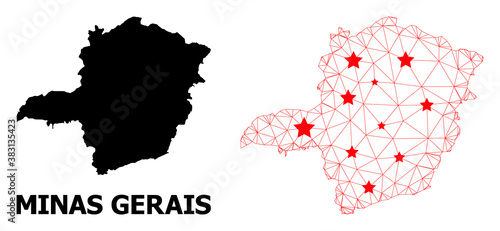 Network polygonal and solid map of Minas Gerais State. Vector model is created from map of Minas Gerais State with red stars. Abstract lines and stars are combined into map of Minas Gerais State. photo