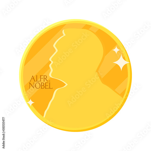Golden Nobel medal in flat design. Vector illustration of stylized Nobel prize - award of the year. Abstract coin icon. Concept of winner photo
