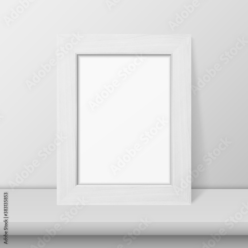 Vector 3d Realistic White Wooden Simple Modern Frame on a White Shelf or Table and White Wall Background. It can be used for presentations. Design Template for Mockup, Front View