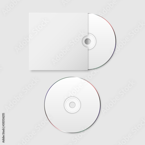Vector 3d Realistic White CD, DVD with Paper Cover Box Set Closeup Isolated on White Background. Design Template for Mockup. CD Packaging Copy Space. Top View