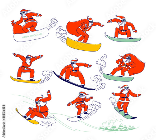 Set of Santa Claus in Red Festive Costume Perform Stunts on Snowboard. Christmas Characters with Gift Bags Snowboarding