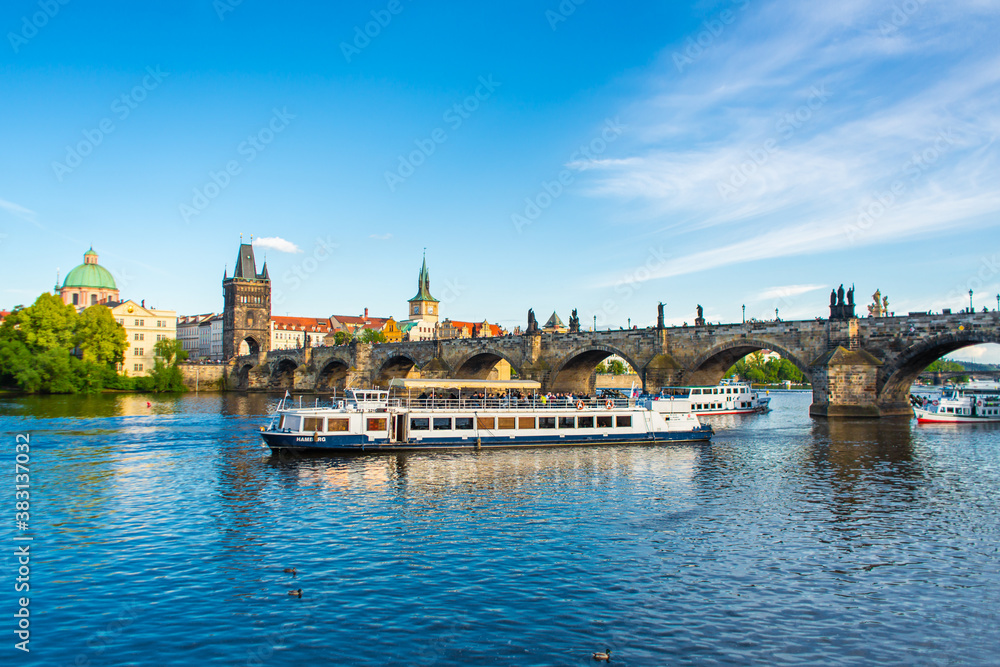 Summer landscape of Prague view of the Ltava river and the famous Charles bridge
