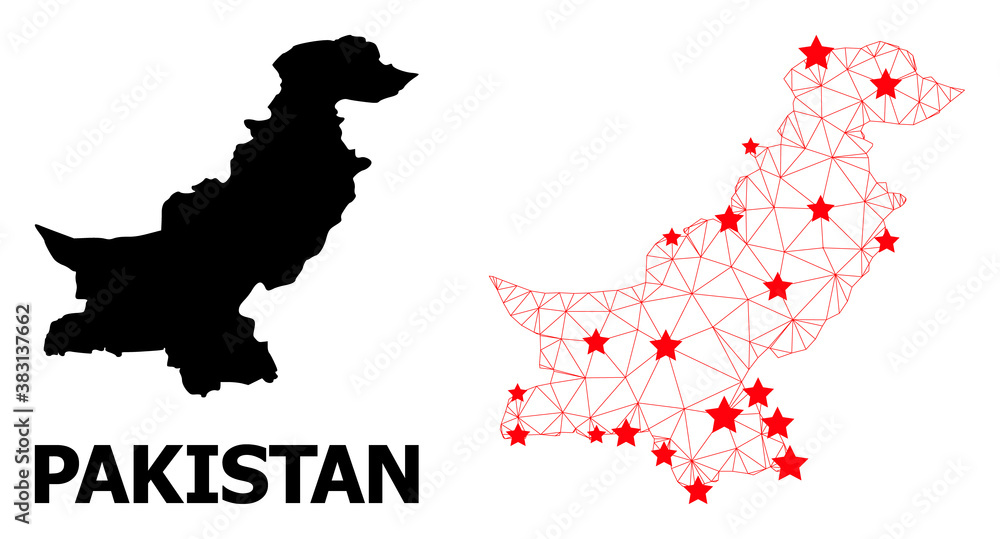 Obraz premium Carcass polygonal and solid map of Pakistan. Vector structure is created from map of Pakistan with red stars. Abstract lines and stars are combined into map of Pakistan.