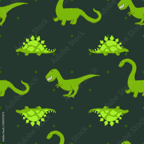 Dinosaurs on dark green spotted background © Rachelle Skinner