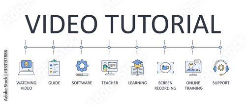 Banner video tutorial. Vector set of line icons editable stroke. Software screen recording teacher online training support. Learning lesson watching video guide