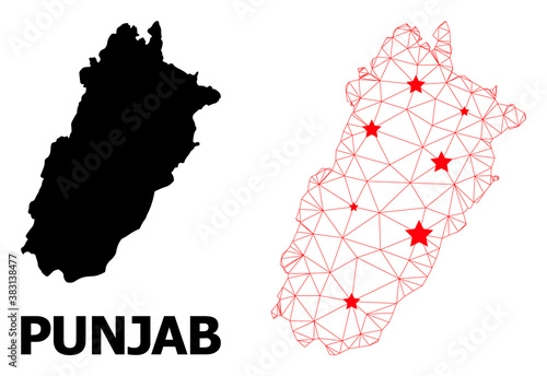 Wire frame polygonal and solid map of Punjab Province. Vector structure is created from map of Punjab Province with red stars. Abstract lines and stars form map of Punjab Province.