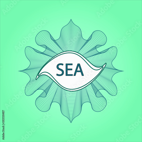 A blue rosette or money style logo with a text box on a blue background.The inscription the sea. Vector graphics. EPS 10