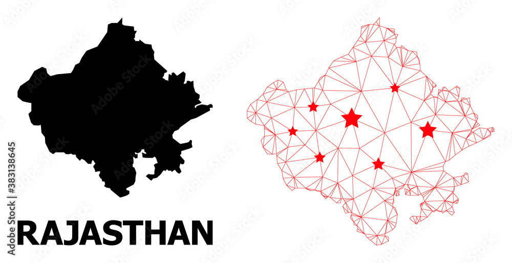 Wire frame polygonal and solid map of Rajasthan State. Vector structure is created from map of Rajasthan State with red stars. Abstract lines and stars are combined into map of Rajasthan State.