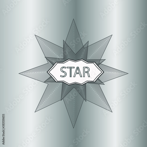 A silver rosette or money style emblem with a text box on a silver background.The sign of the star. Vector graphics. EPS 10
