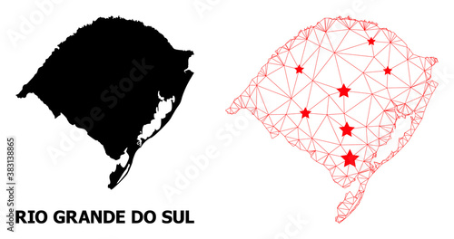 Wire frame polygonal and solid map of Rio Grande do Sul State. Vector structure is created from map of Rio Grande do Sul State with red stars.