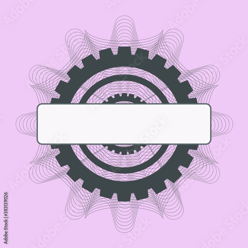 A grey rosette or money style logo with a text box on a pink background. Vector graphics. EPS 10