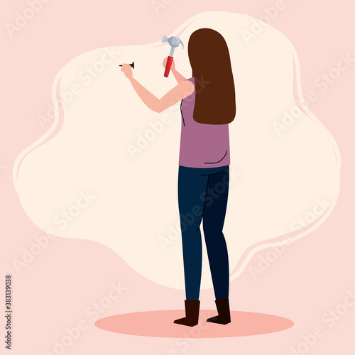 woman cartoon with construction hammer design of remodeling working and repairing theme Vector illustration